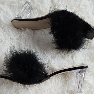 Brand New🖤 Black Slide Sandals with Fluffy Strap and Clear Heel. Size 39
